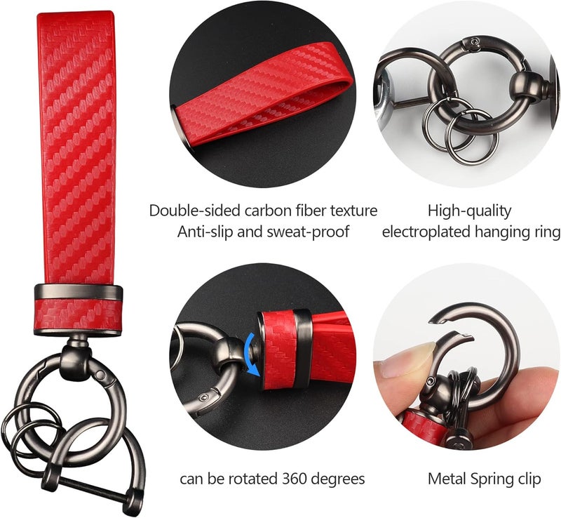 Turcee Carbon Fiber Keychain, Interior Accessories Leather Key Fob, Car Accessories Key Ring & Anti-Lost D-Ring (Red) - Image 4